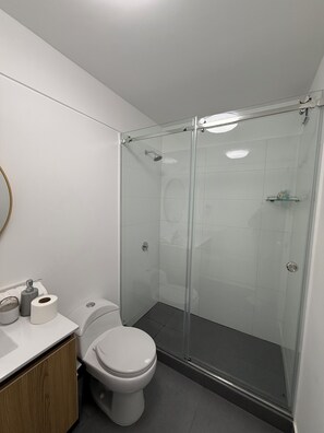 Hair dryer, towels, soap, toilet paper