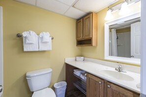 Hair dryer, towels, soap, toilet paper