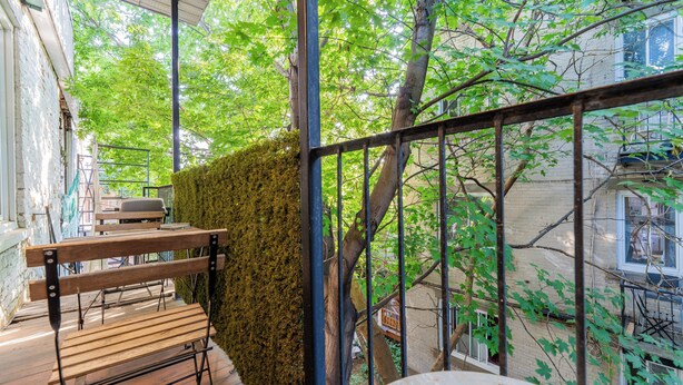 Un balcon avec un banc en bois, un mur recouvert de mousse et une vue sur une rue bordée d’arbres.