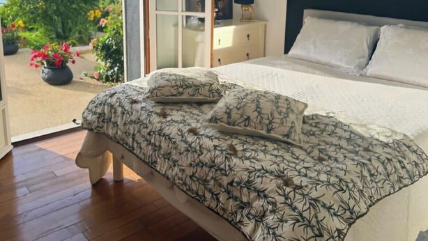 A bedroom with a large bed, a nightstand, a dresser, and a view of a garden and hills. - L'EMERAUDE suite lake view / swimming pool / beach 10 min walk away (Bilieu)