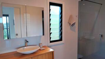Shower, eco-friendly toiletries, towels, soap