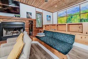 Smart TV, fireplace, ping pong, books