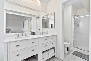 Hair dryer, towels, soap, toilet paper