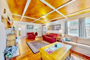 TV, fireplace, books