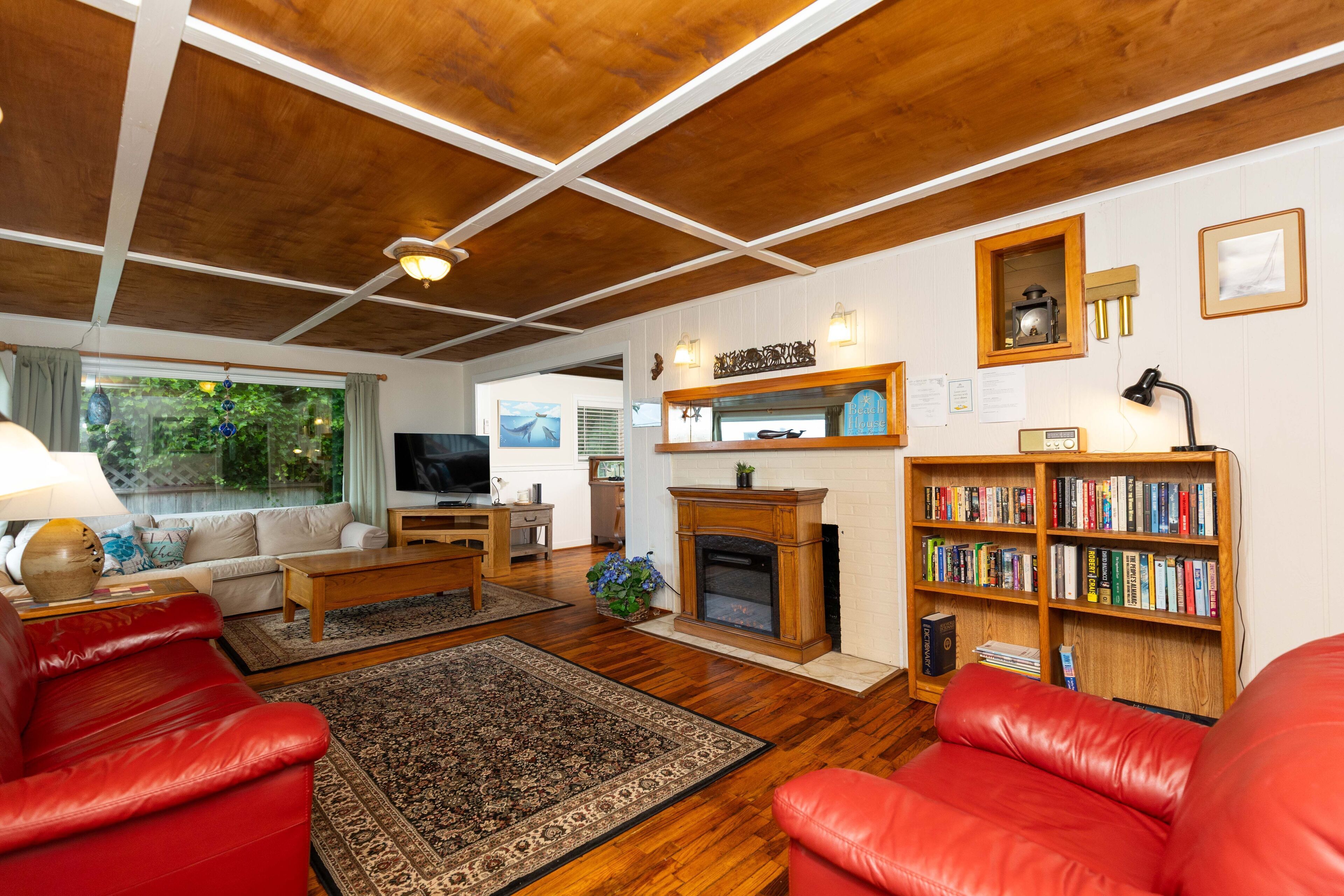 TV, fireplace, books