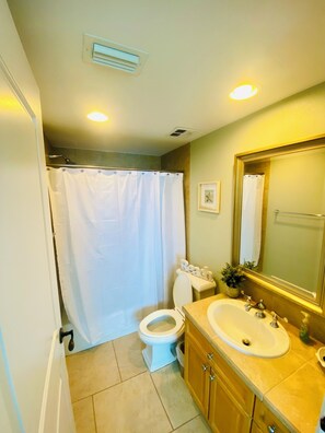 Jetted bath, hair dryer, towels, soap