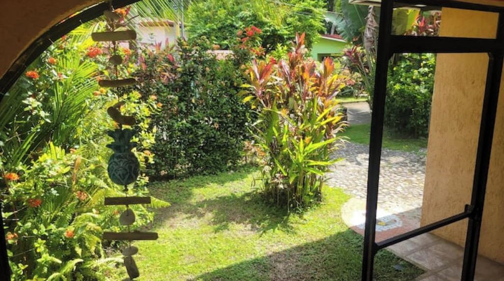 Ein Garten mit verschiedenen Pflanzen und einem Weg, der zu einem Gebäude führt.