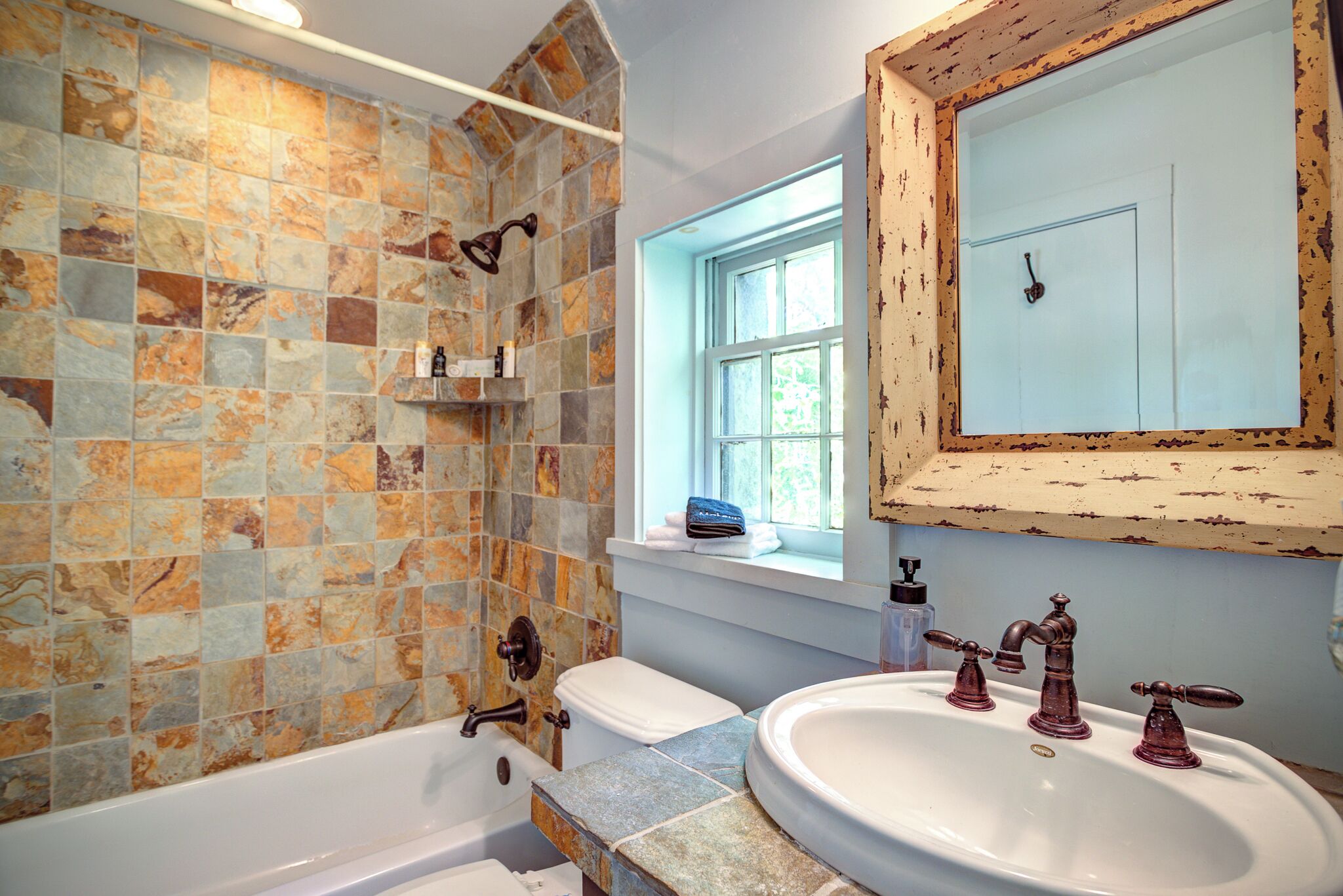 Hair dryer, towels, soap, shampoo