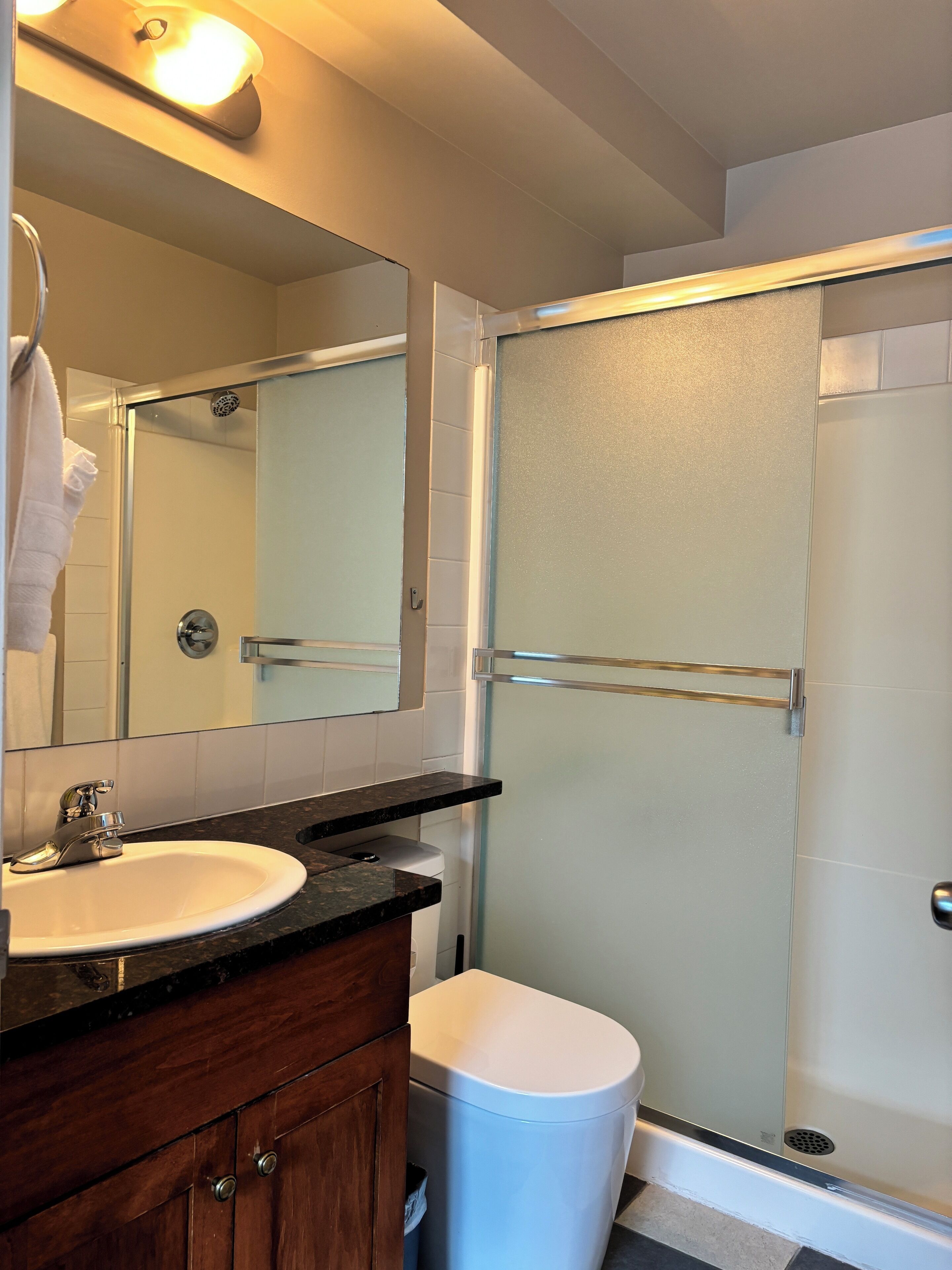 A bathroom with a white sink, a mirror, a glass shower enclosure, and a toilet.