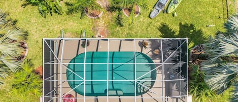 An aerial view of a rooftop swimming pool with surrounding palm trees and two kayaks.