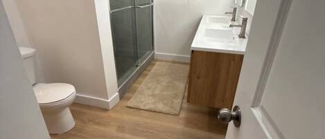 Hair dryer, towels, soap, toilet paper