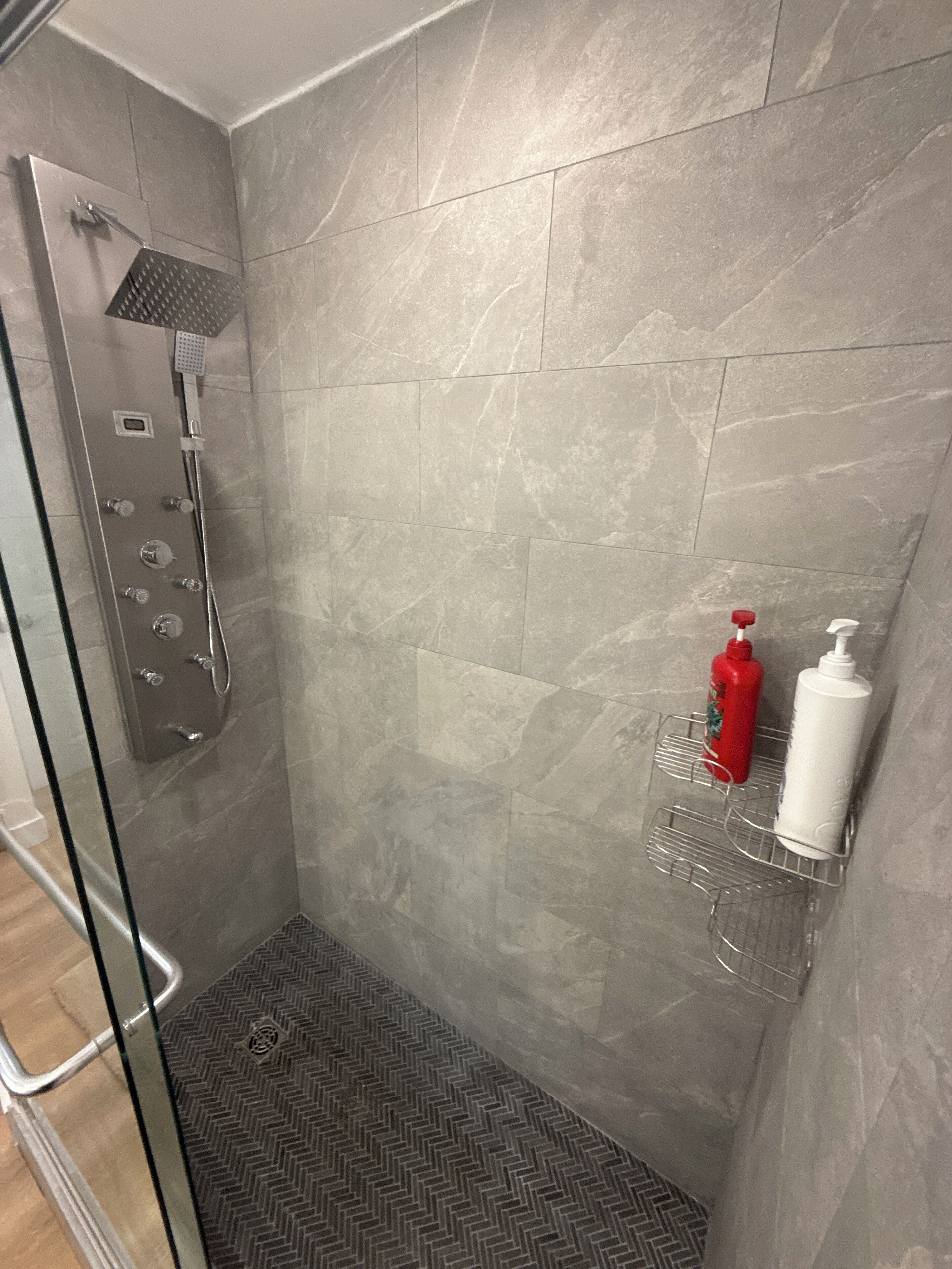 Hair dryer, towels, soap, toilet paper