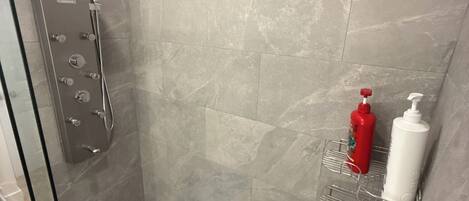 Hair dryer, towels, soap, toilet paper