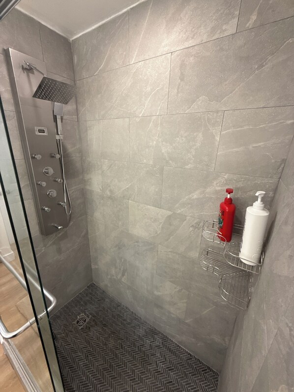 Hair dryer, towels, soap, toilet paper