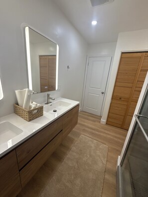 Hair dryer, towels, soap, toilet paper