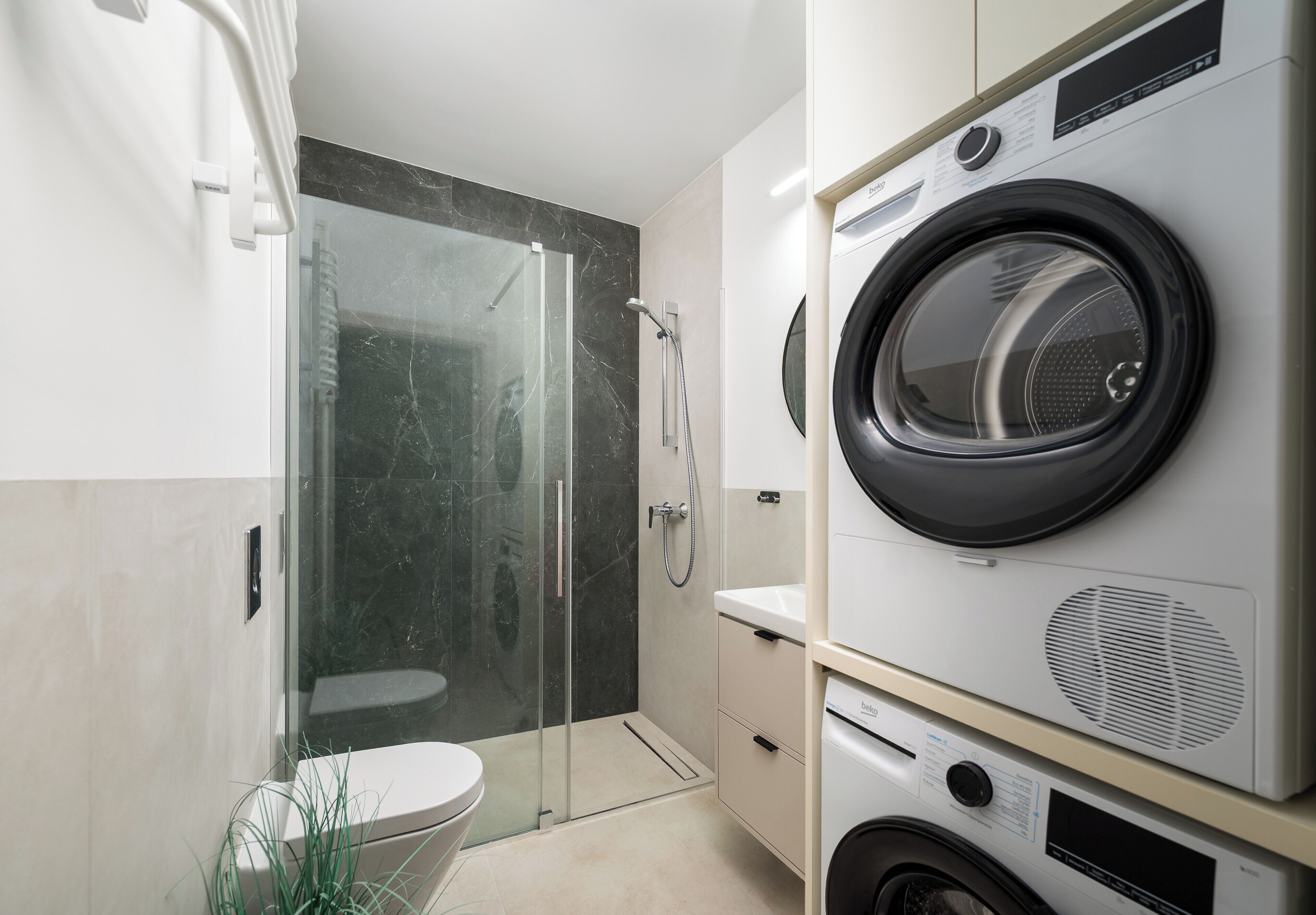 Shower, hair dryer, towels