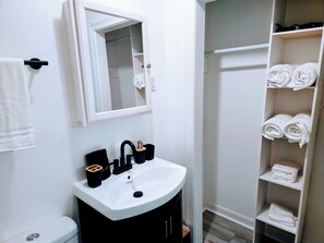 Séchoir à cheveux, serviettes fournies, savon, papier de toilette