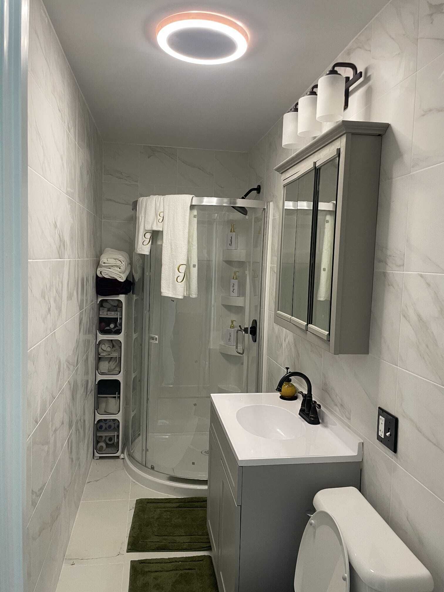 Shower, jetted tub, hair dryer, bidet