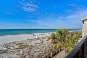 A beach view from a balcony with a palm tree, a sandy beach, and a clear sky.