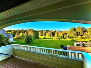 A balcony with a view of a green landscape, a white fence, and a wooden deck.
