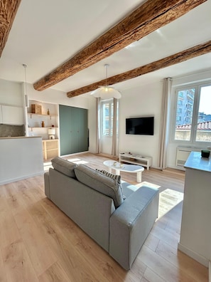 TV, fireplace