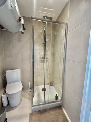 Dusj, hårføner, håndklær og toalettpapir