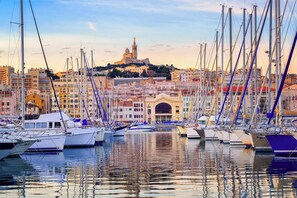 A marina with multiple boats docked, a prominent building with a dome in the background, and a hill with a statue.
