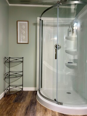 Shower, towels, soap, shampoo