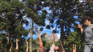 A group of people performing yoga outdoors with trees and mountains in the background.