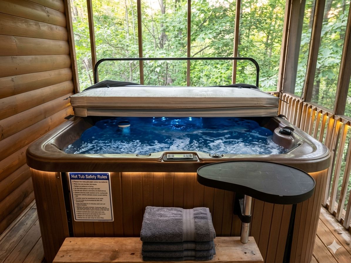 A hot tub with a safety sign, a towel, and a view of the forest through the window.