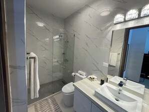 Shower, hair dryer, towels, soap