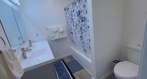 Hair dryer, towels, soap, toilet paper