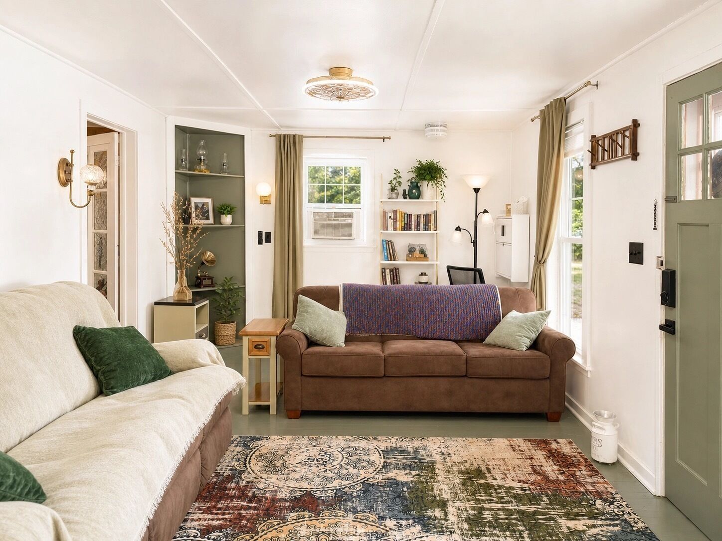 Smart TV, fireplace, books, stereo
