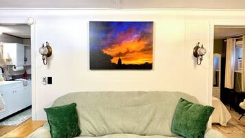 Smart TV, fireplace, books, stereo