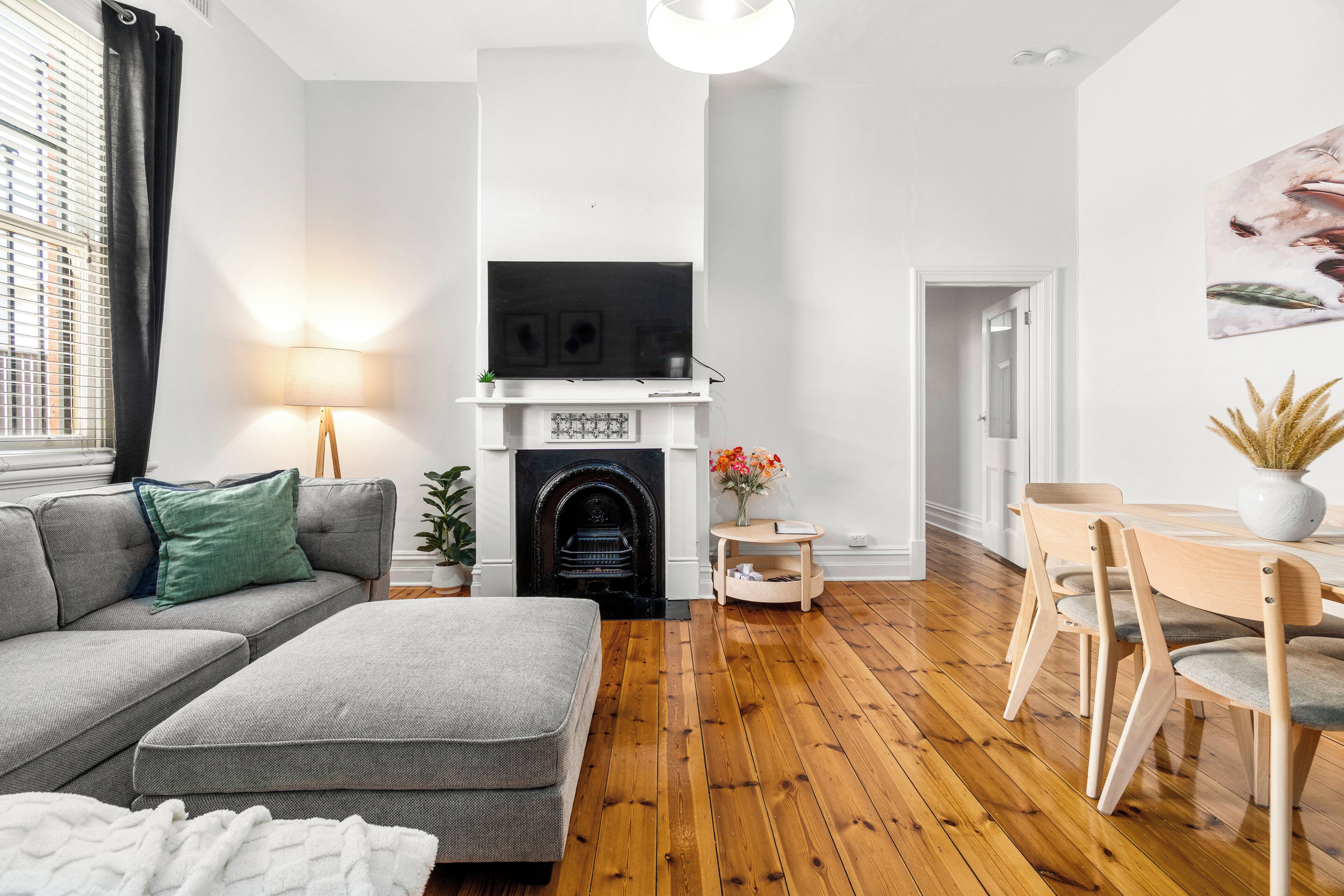 Smart TV, fireplace, books