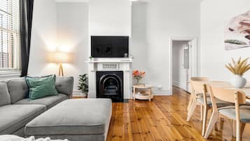 Smart TV, fireplace, books