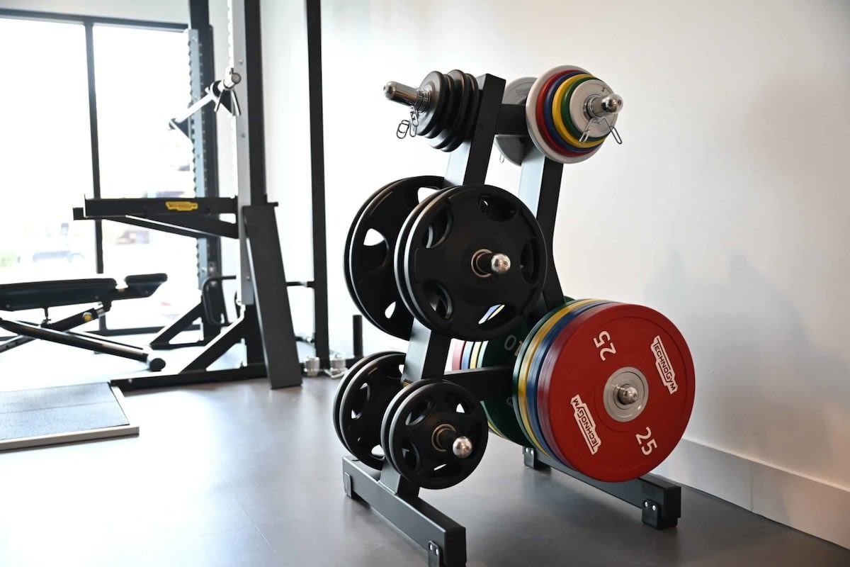 Um banco de musculação com barra e anilhas.