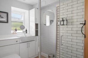 Shower, hair dryer, towels