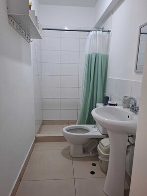 Secadora de cabello, toallas, jabón, papel de baño 