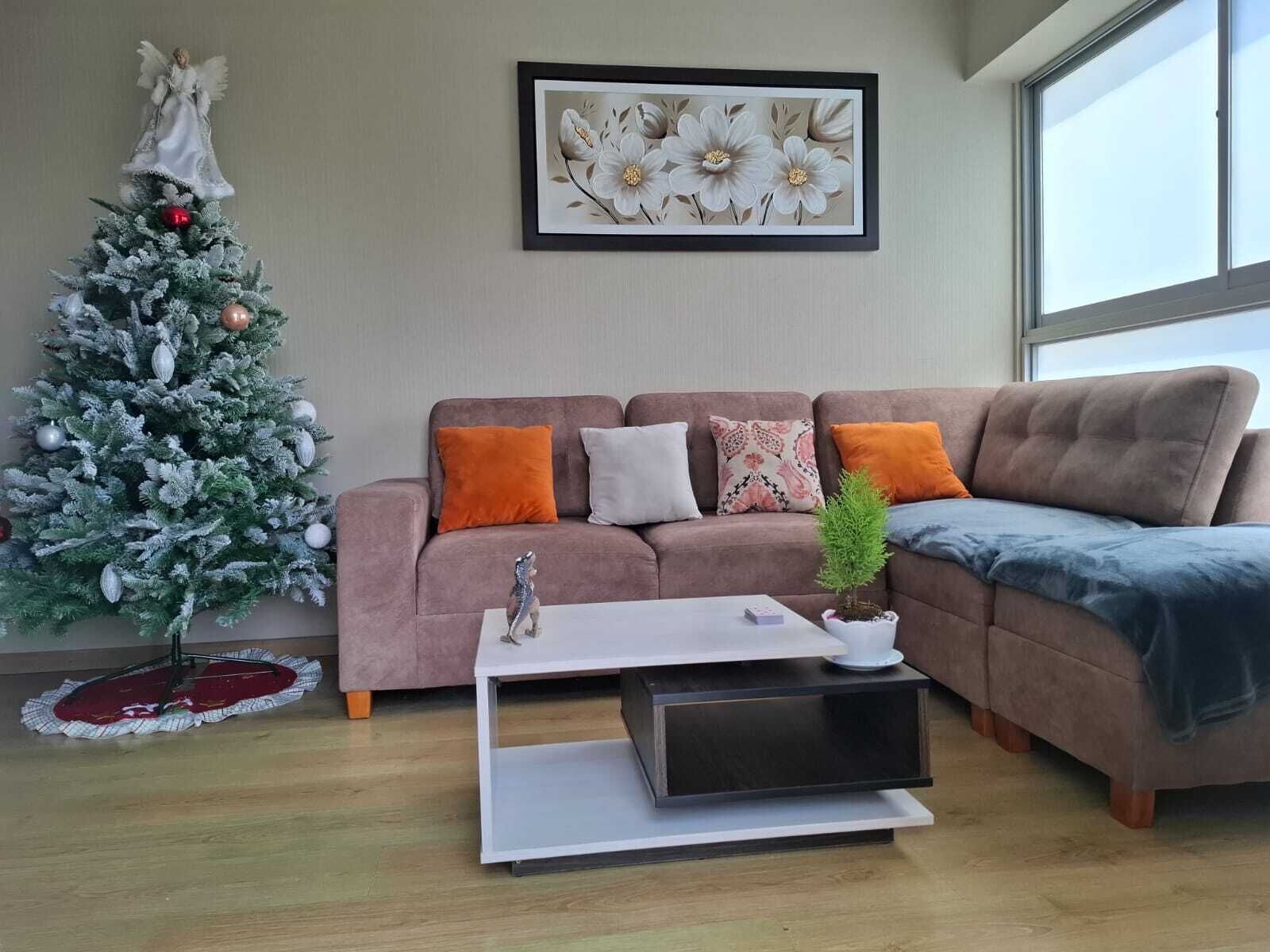 Una sala de estar con un árbol de Navidad, un sofá, una mesa de centro y un cuadro en la pared.