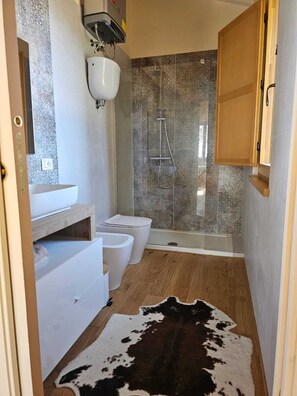 Douche, sĂšche-cheveux, bidet, serviettes fournies