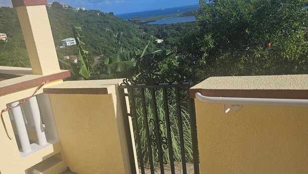 A balcony with a view of a lush green landscape and a body of water in the distance. - Baecation Romantic Getaway Couples & Singles (St. Thomas)