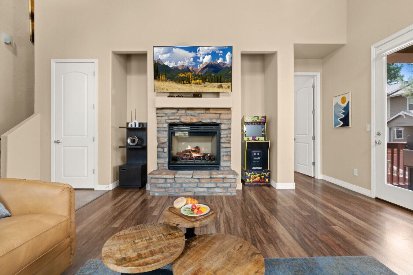 Smart TV, fireplace, video games, books