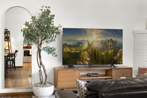Smart TV, fireplace, video games, books