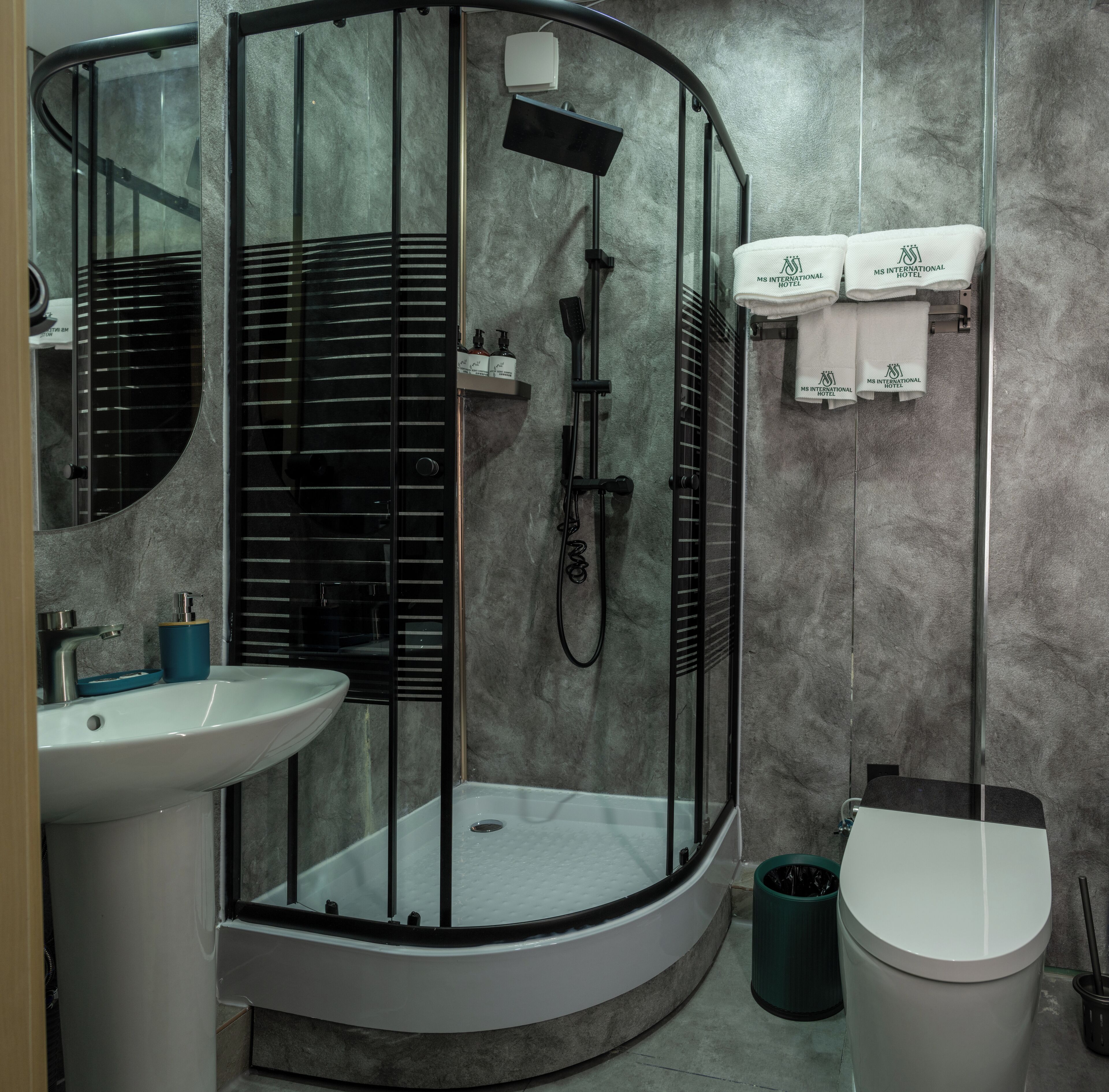 A modern bathroom with a glass-enclosed shower, a sink, and a toilet.