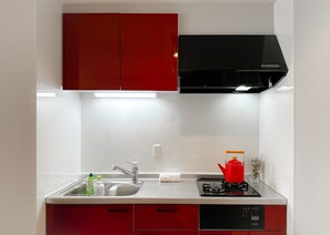 Fridge, microwave, stovetop, electric kettle