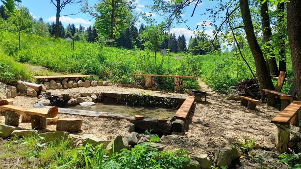 An outdoor garden area with a stone fire pit surrounded by wooden benches and a rustic wooden fence.