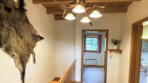 A wooden staircase leading to a room with a mounted animal head, a window with curtains, and a shelf with a plant.