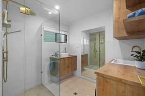 Hair dryer, towels, soap, shampoo