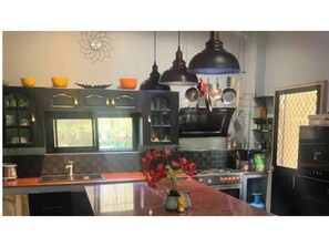 Fridge, stovetop, cookware/dishes/utensils